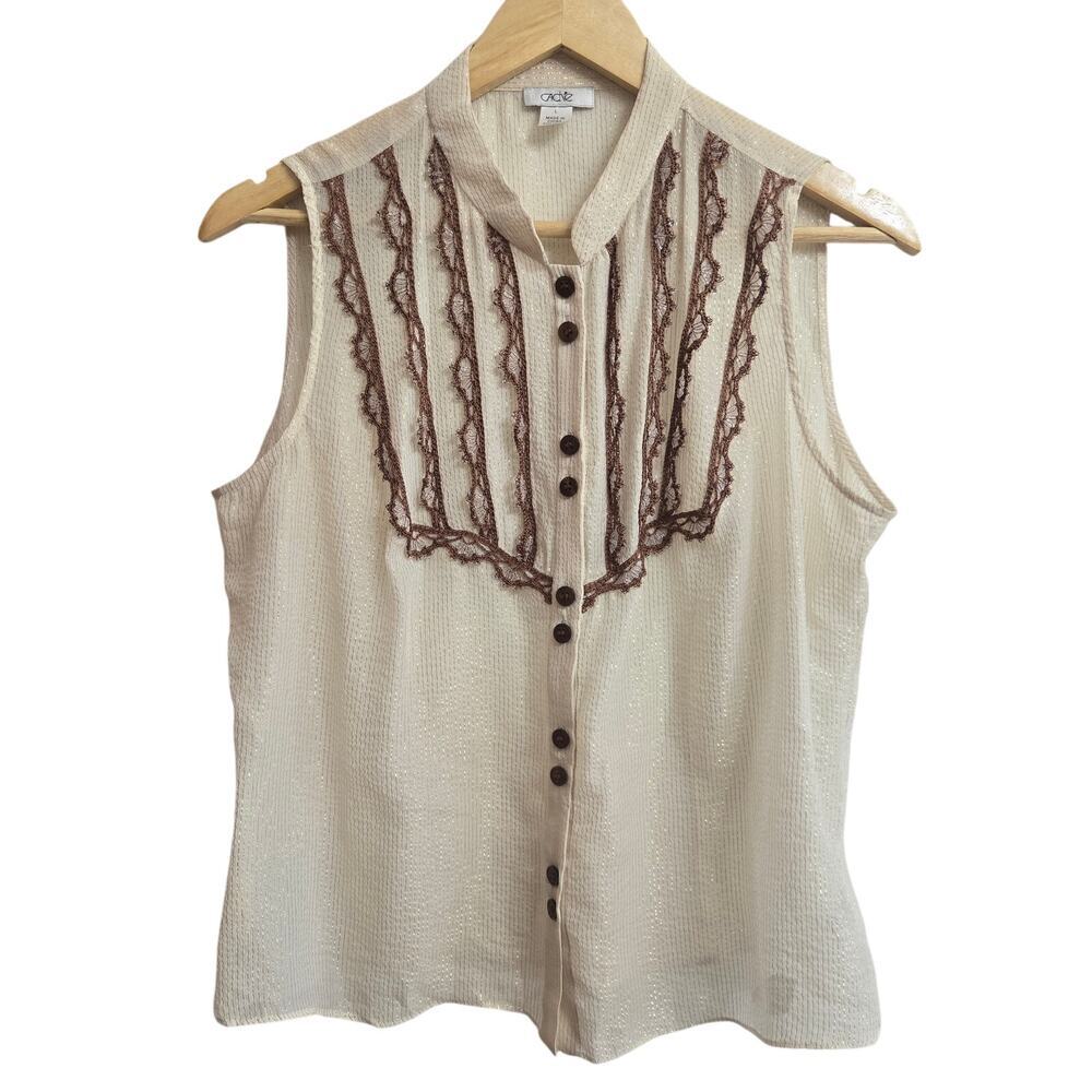 Cache Women Silk Metallic Sheer Lace Button Top L Boho Western Prairie Victorian